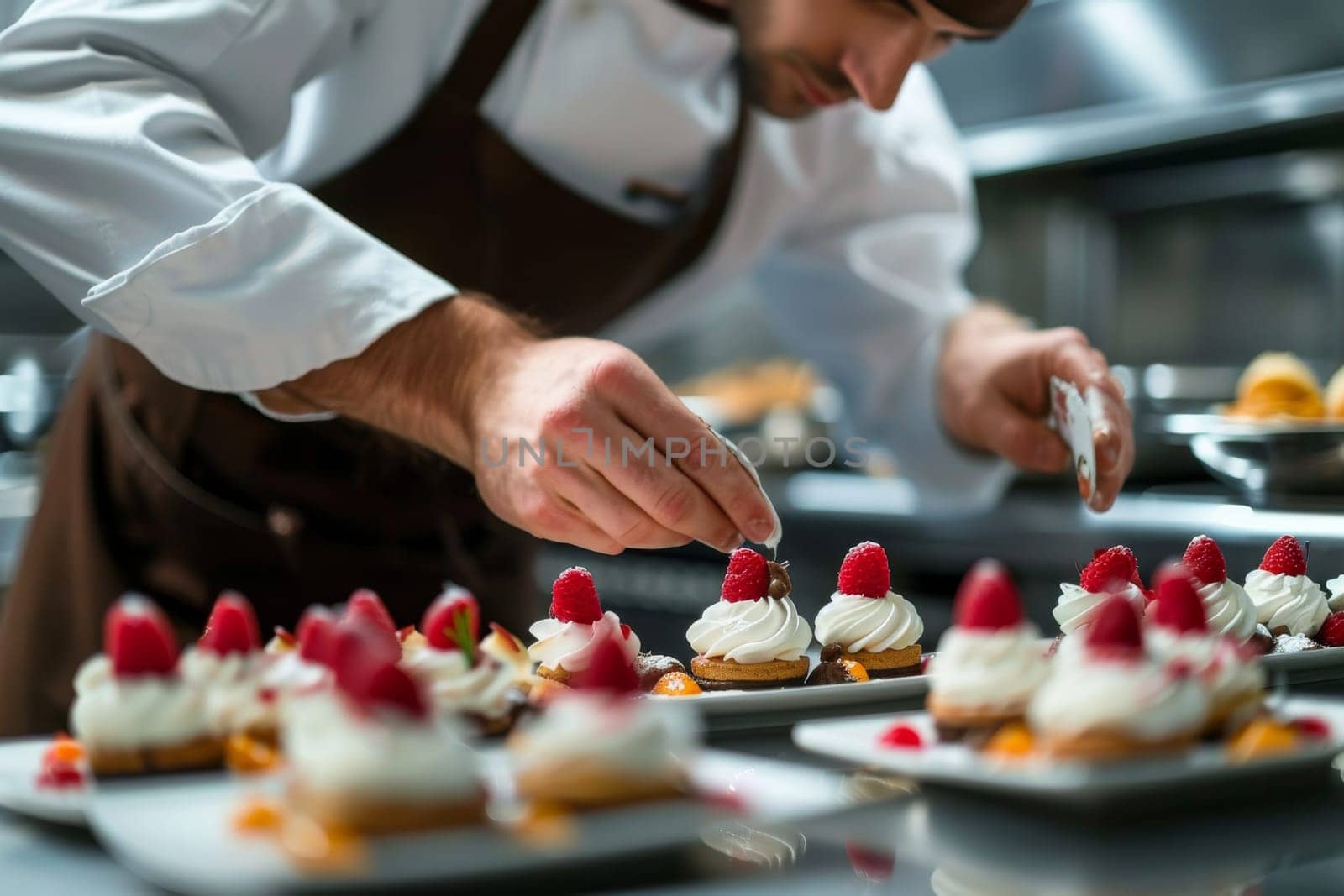 Focused chef delicately finishes gourmet desserts with precision