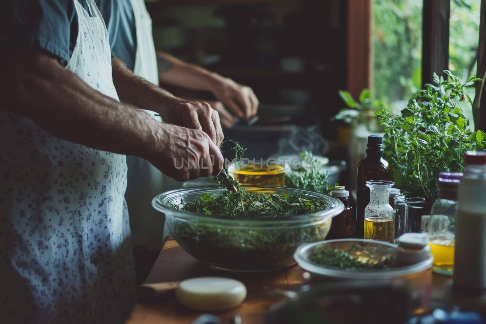 Hands skillfully prepare a colorful mix of fresh herbs and ingredients in a warm, inviting kitchen filled with natural light.