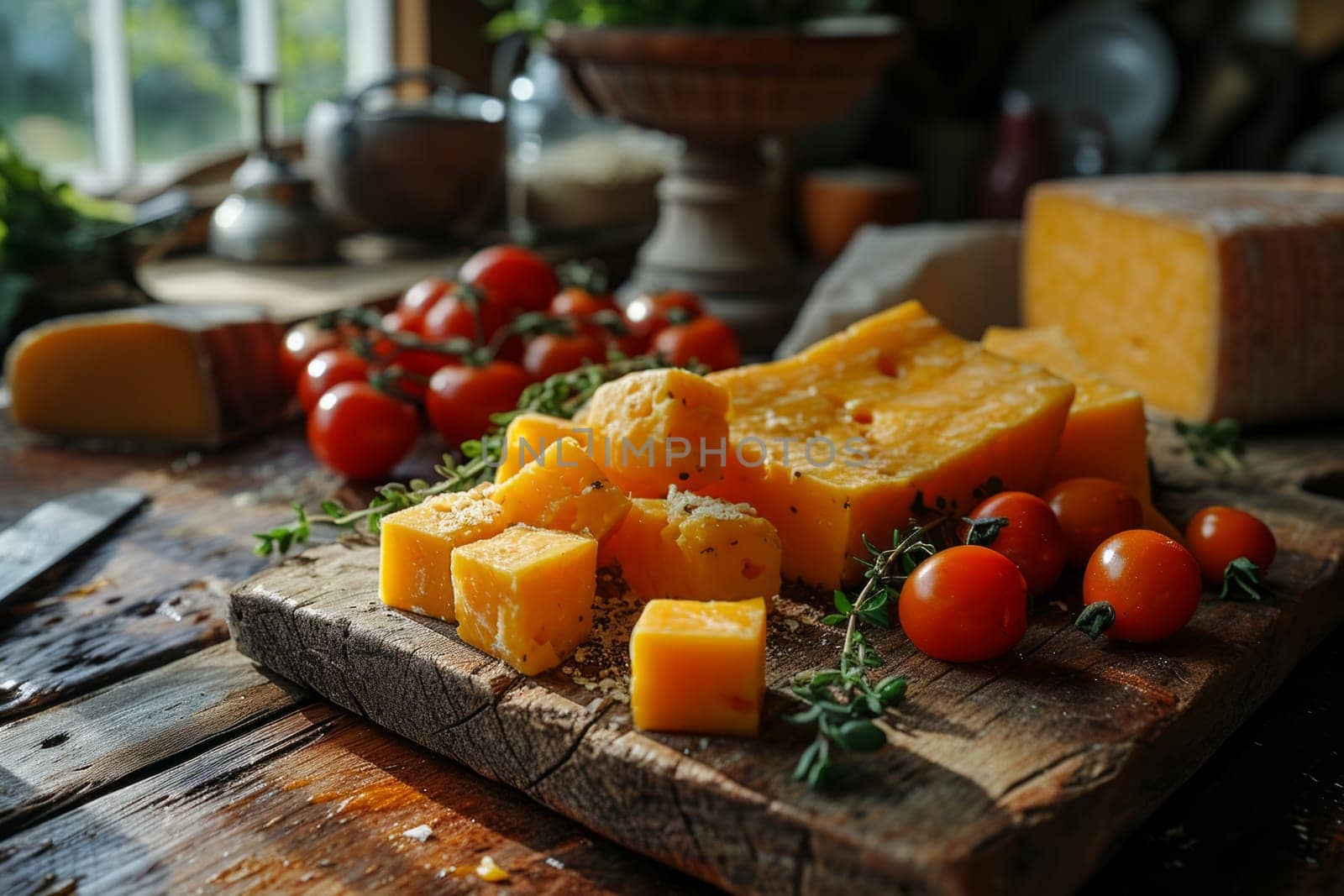 Aged cheddar cheese with holes is the centerpiece on a rustic wooden board, accompanied by cherry tomatoes, fresh herbs, and a vintage cheese knife. created with generative AI technology