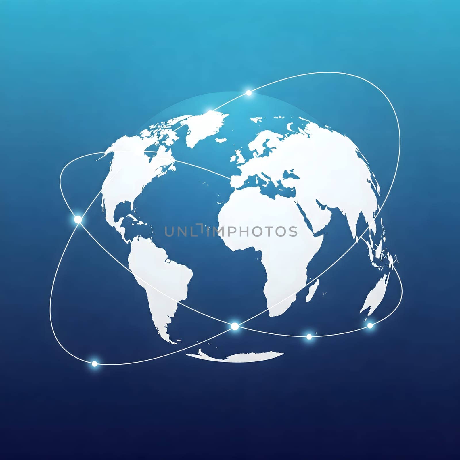 A digital illustration of Earth with white lines and glowing nodes representing global connectivity and communication networks. Generative AI