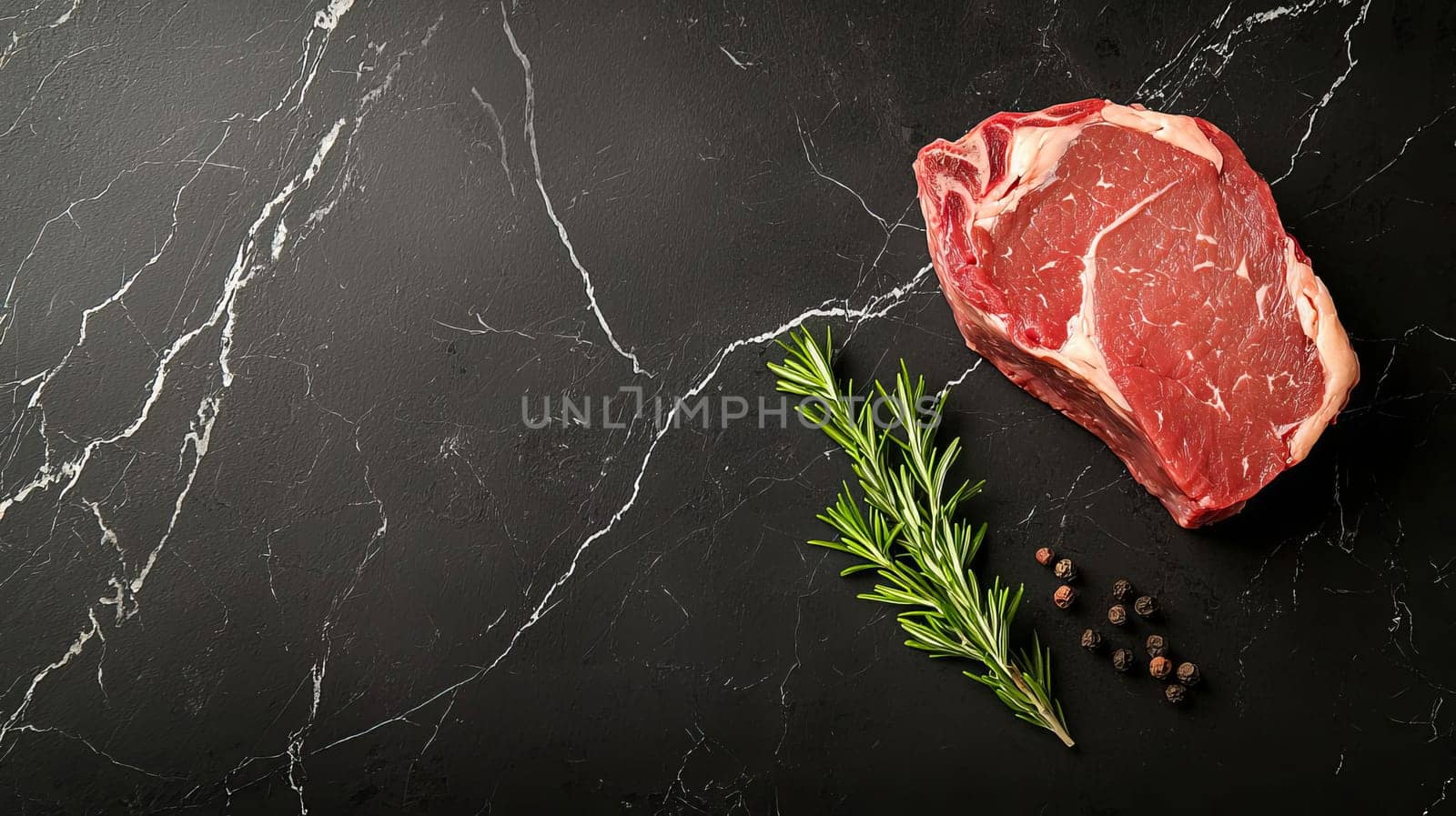 Dark stone surface with a fresh piece of beef with a sprig of rosemary and peppercorns. Mood for gourmets and connoisseurs of quality meat. AI generated.