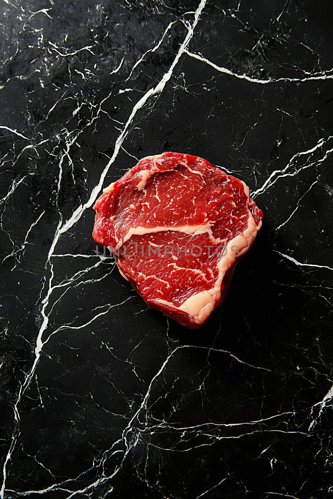 Juicy beef entrecote on dark marble surface. AIi generated.