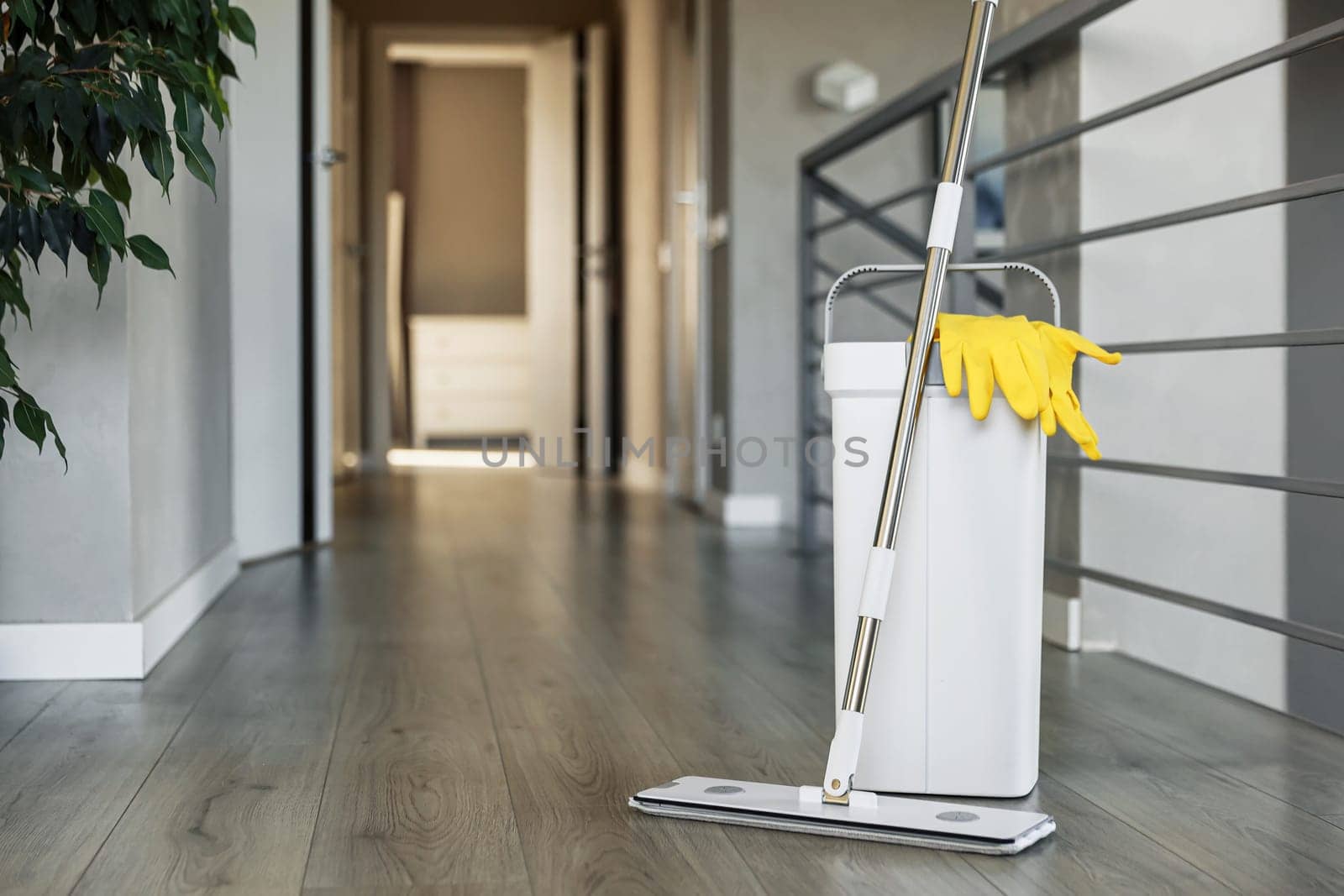 Cleaning supplies: mop, gloves, bucket with wringer sitting on wooden laminate floor in modern living room, wet equipment tools, housekeeping concept. Emphasizing home sanitation, cleanliness, hygiene