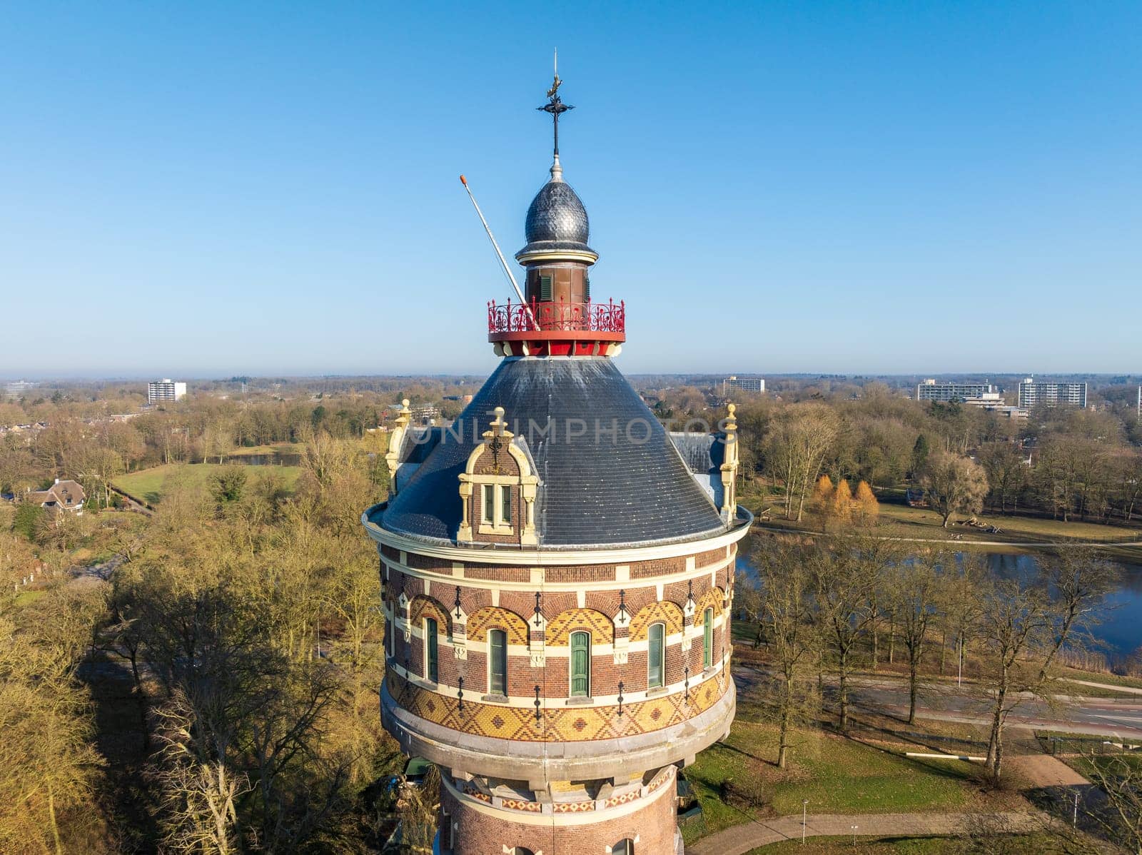 Aerial view of the Deventer water tower. Built in 1892 on the cities highest spot it is still in use nowadays. It's capacity is 500 cubic meter.