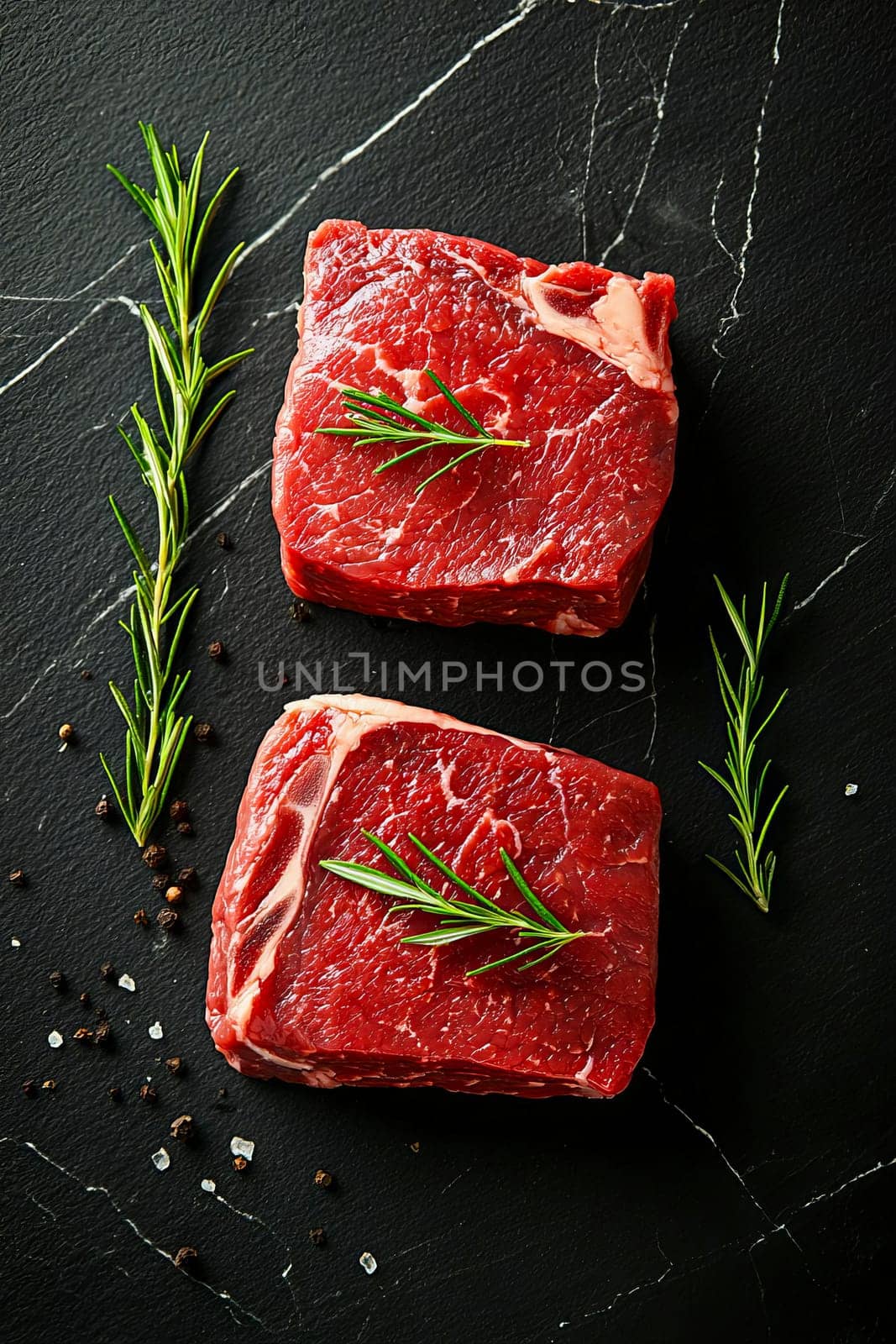 Fresh red beef meat prepared for cooking, garnished with rosemary sprigs, on black marble background.