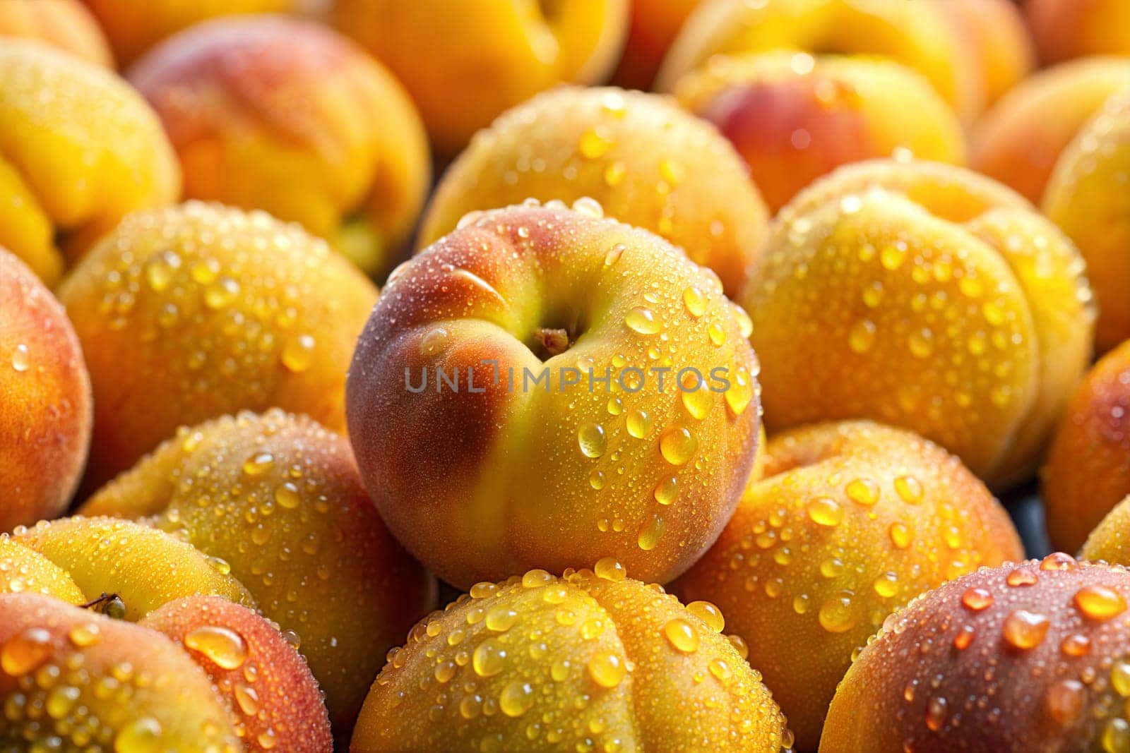 A close-up view of fresh yellow peaches covered with dew, perfect for food photography, agriculture, and healthy living projects.