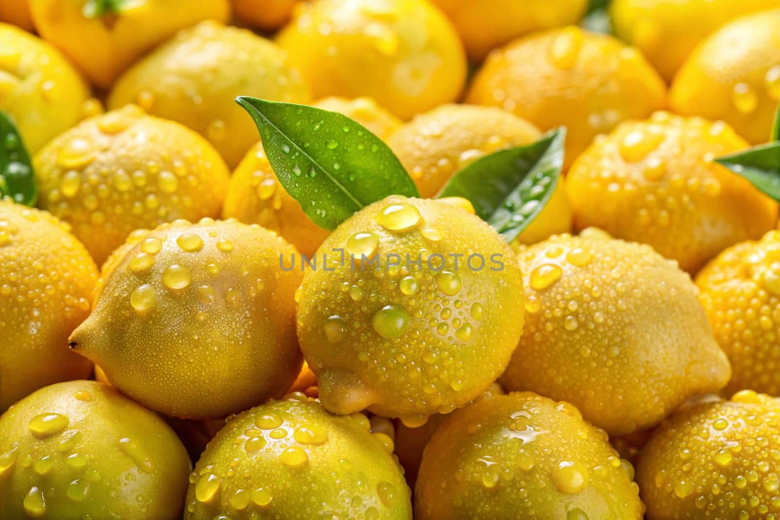 Close-up view of fresh lemons with dew drops on their surface, showcasing their bright yellow color and glossy texture, with green leaves on top.