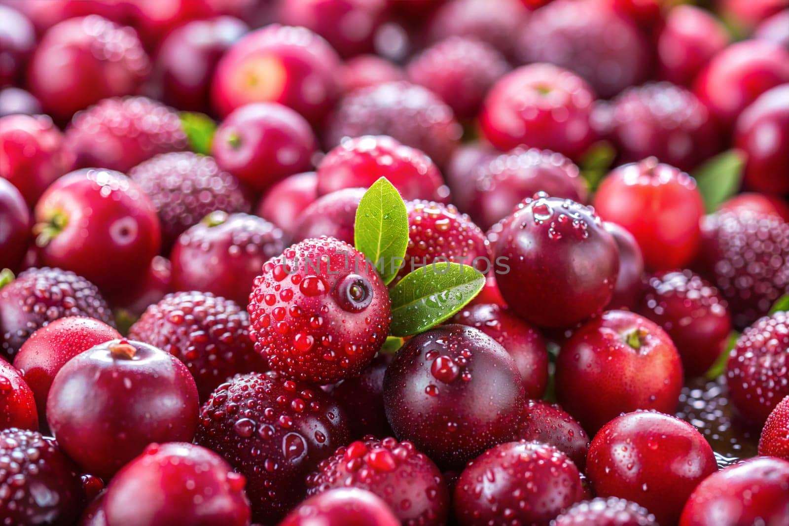 A close-up of fresh cranberries with dew drops and green leaves, showcasing their vibrant red color and glossy texture, perfect for food and nature photography.