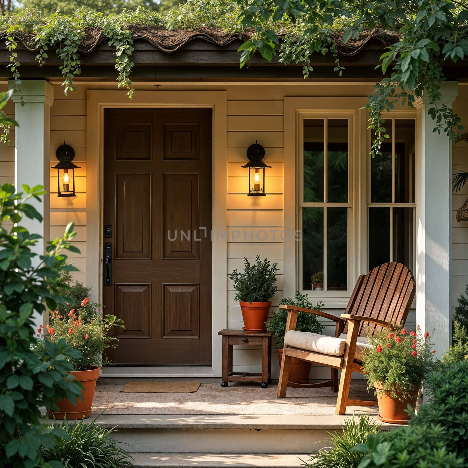A cozy outdoor porch with wooden chairs, plants, and warm lighting. AI generated