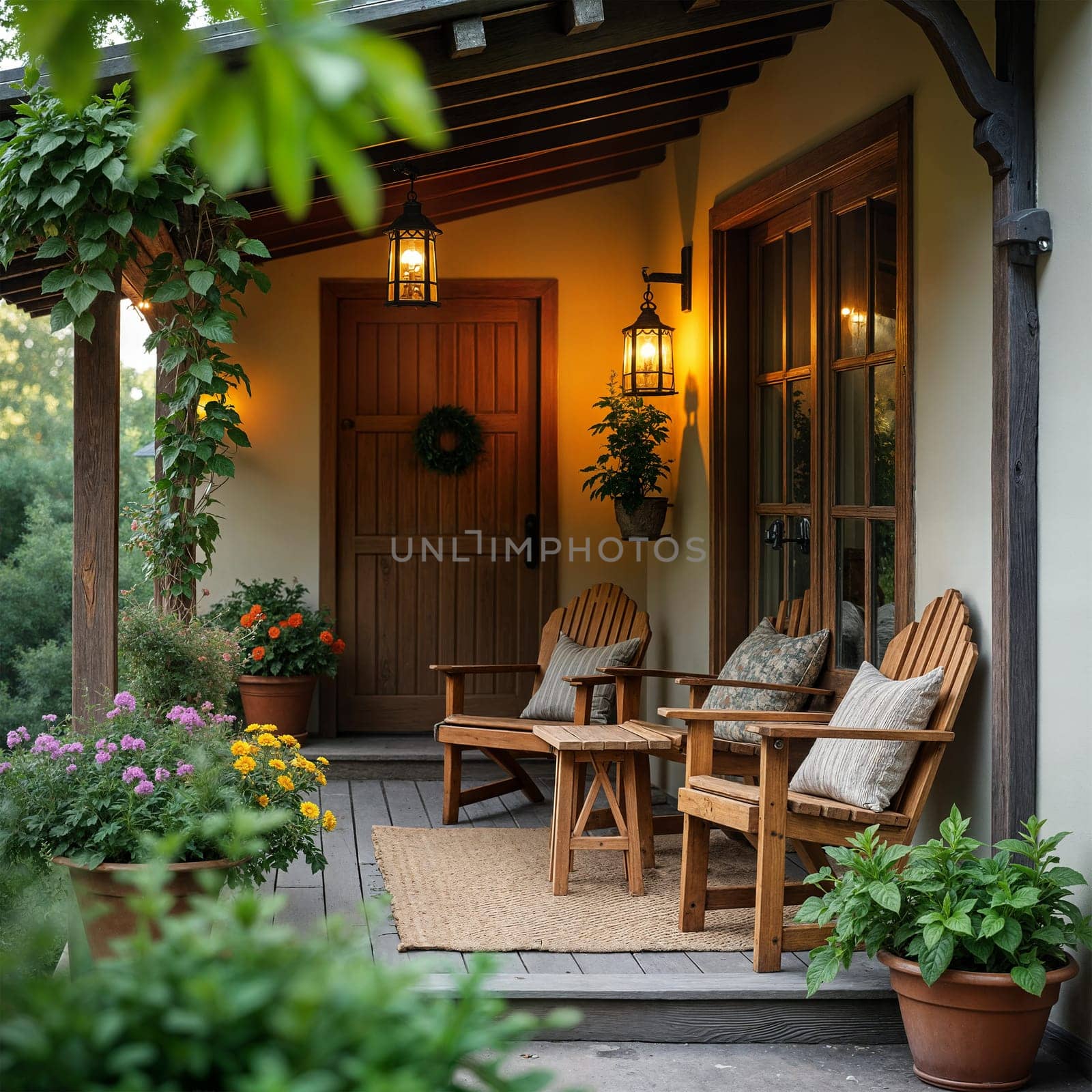 A cozy outdoor porch with wooden chairs, plants, and warm lighting. AI generated