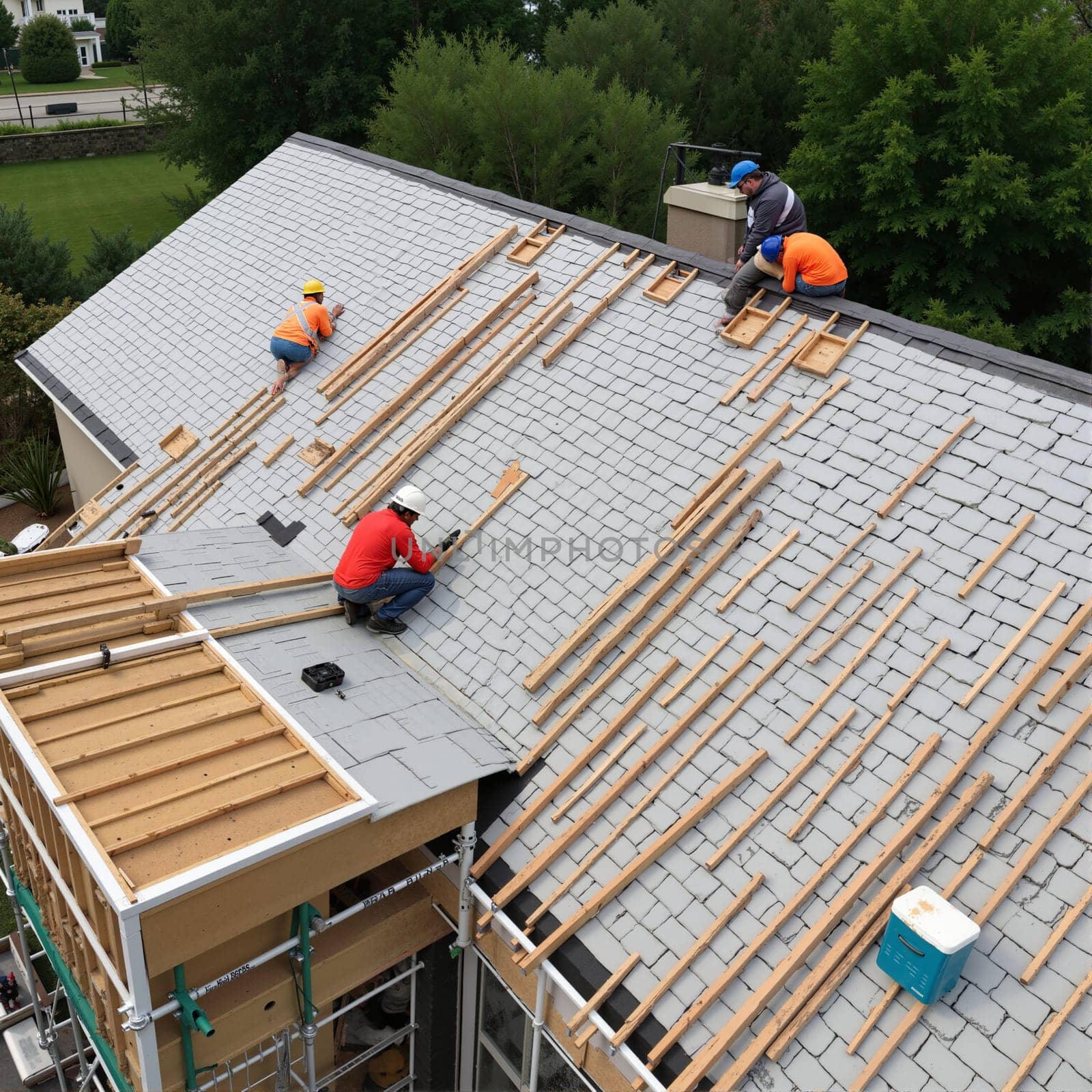 Workers installing a new roof with wooden frames and slate tiles. AI generated