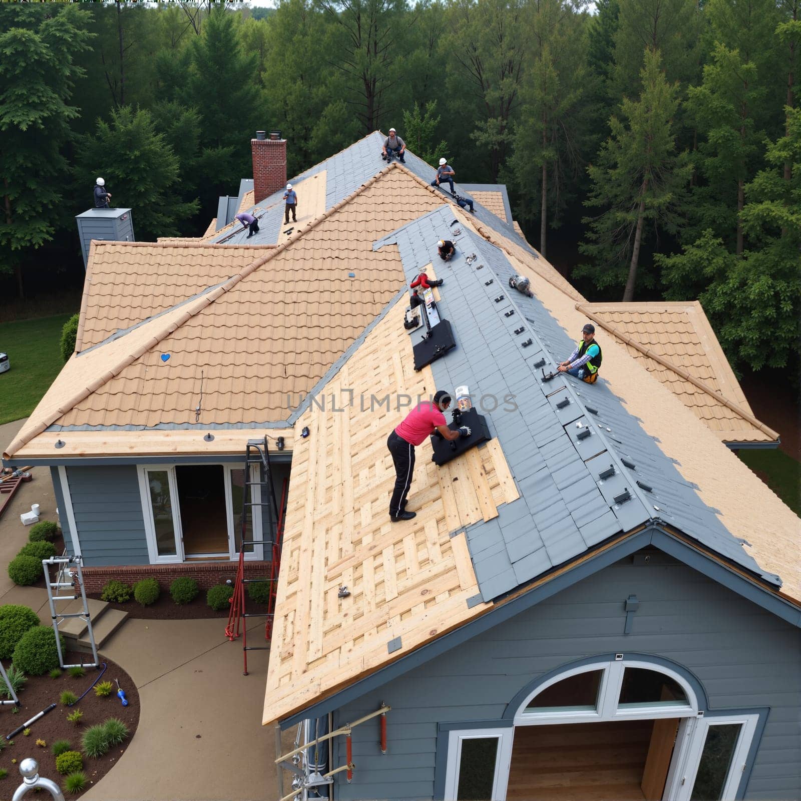 Workers installing a new roof with wooden frames and slate tiles. AI generated