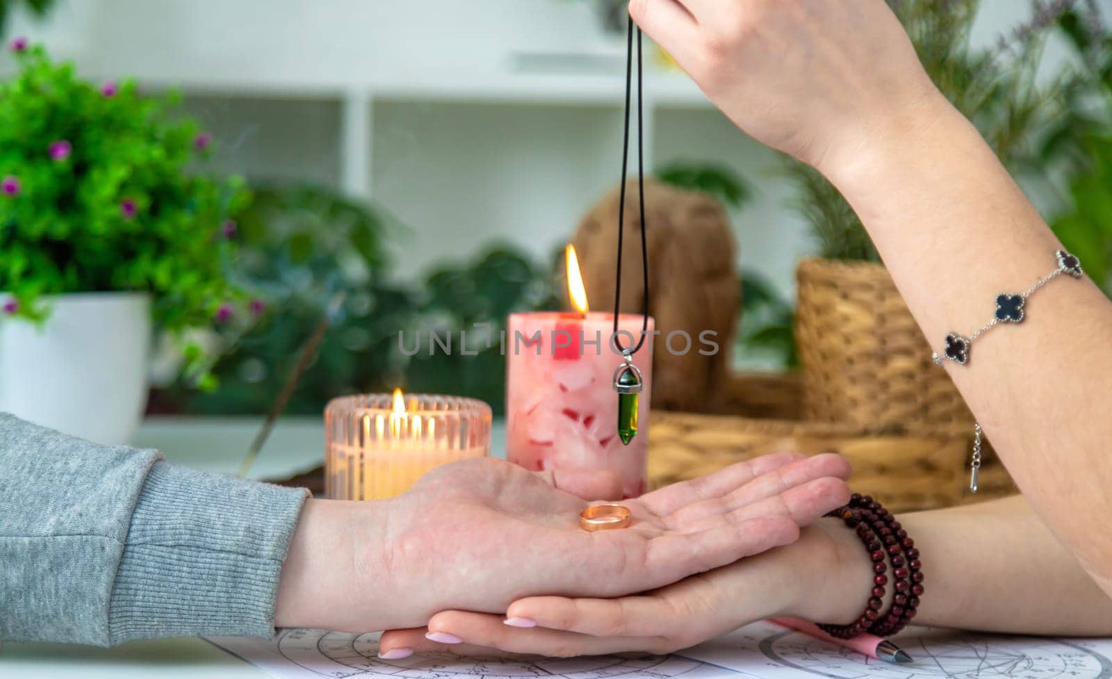 A woman fortune teller speaks to a man. Fortune telling, magic. Bright fortune teller