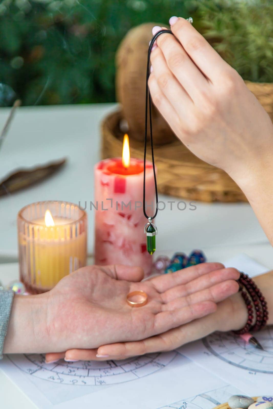A woman fortune teller speaks to a man. Fortune telling, magic. Bright fortune teller
