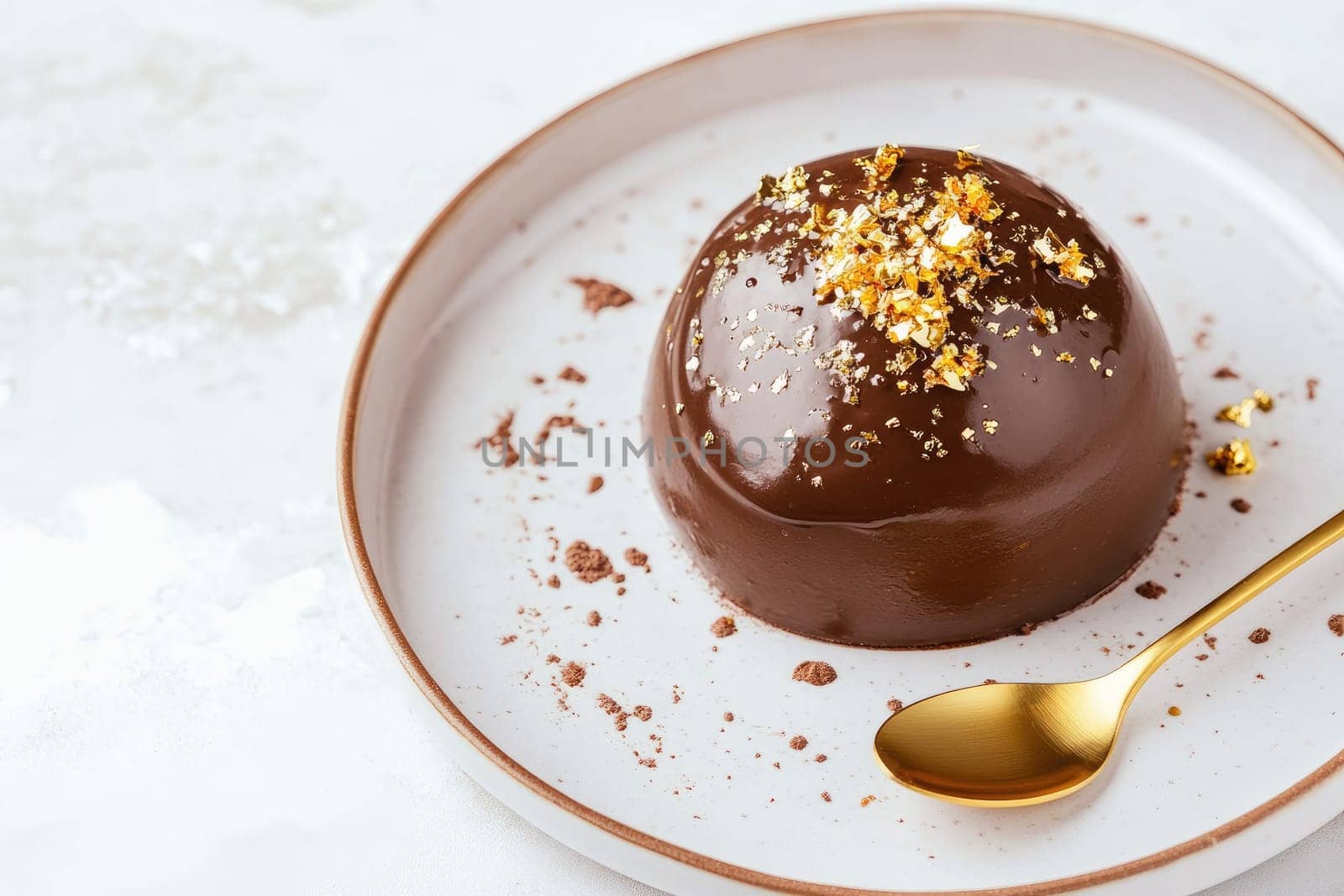 A luxurious chocolate dessert sits elegantly on a white plate, adorned with sparkling edible gold flakes. A golden spoon rests nearby, ready for indulgence in this delightful treat.
