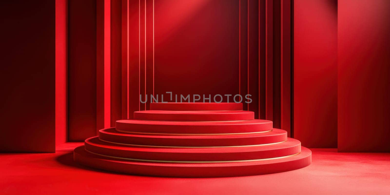 A vibrant red stage features a series of elevated platforms designed for artistic performances and events, showcasing creativity and elegance in a striking way.