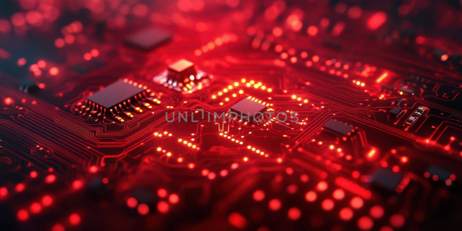 A close-up view of a circuit board featuring detailed connections and electronic components. Bright red lights create a striking visual effect, highlighting the complexity of modern technology.