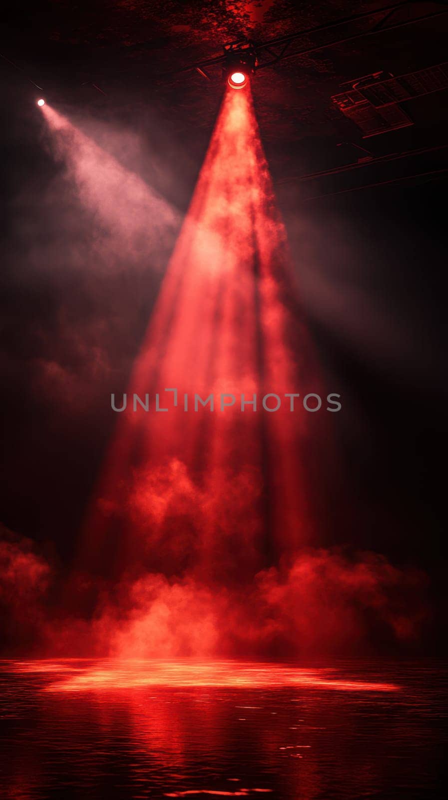 A vibrant red spotlight beams down onto a misty stage, creating an intense atmosphere for a performance in a dimly lit indoor venue. Smoke swirls beneath the light.