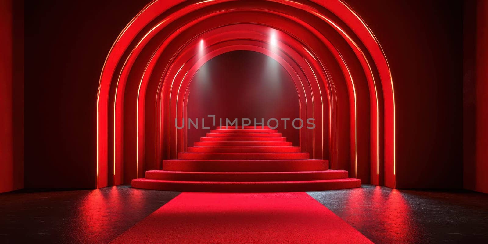A striking entrance showcases red arches and a plush carpet leading up to illuminated steps, perfect for ceremonies or gala events. The vibrant colors create a captivating ambiance.