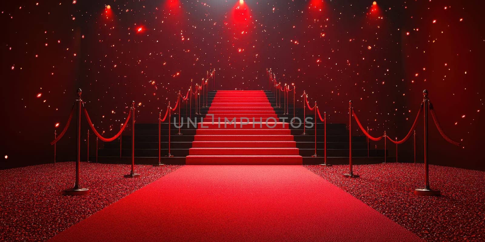 A lavish red carpet leads up a grand staircase, surrounded by shimmering lights and velvet ropes, creating an elegant atmosphere for a special occasion.