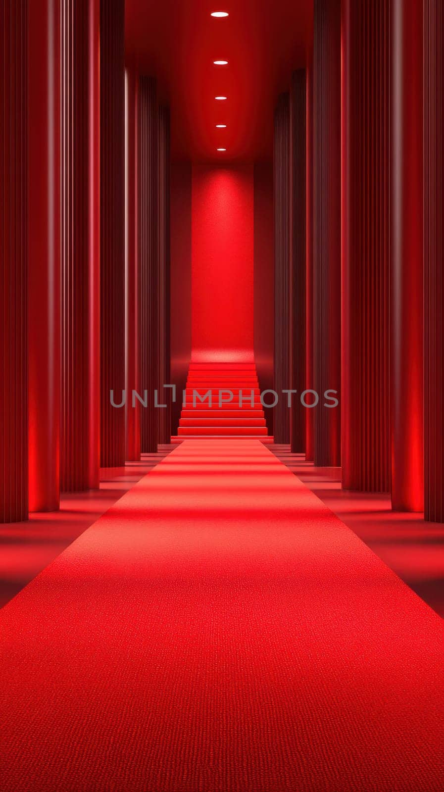 A striking corridor features tall columns with red lighting and a plush red carpet. The pathway extends toward a well-lit area, creating an enchanting atmosphere.