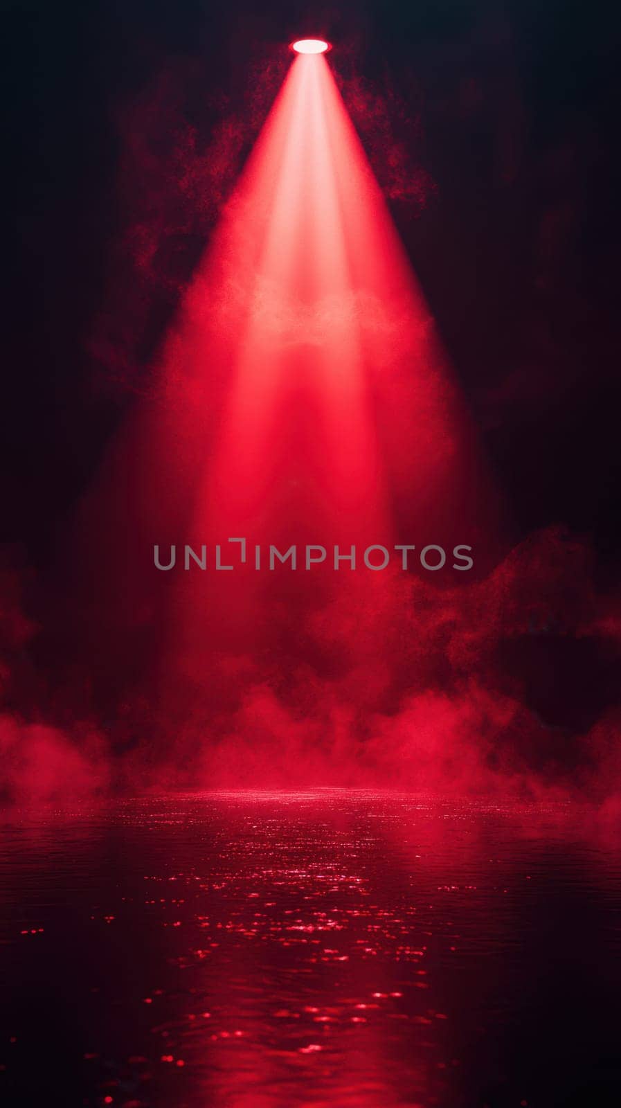A red spotlight illuminates a dark space, casting dramatic rays through lingering smoke and reflecting softly on the water's surface, creating a mysterious mood.