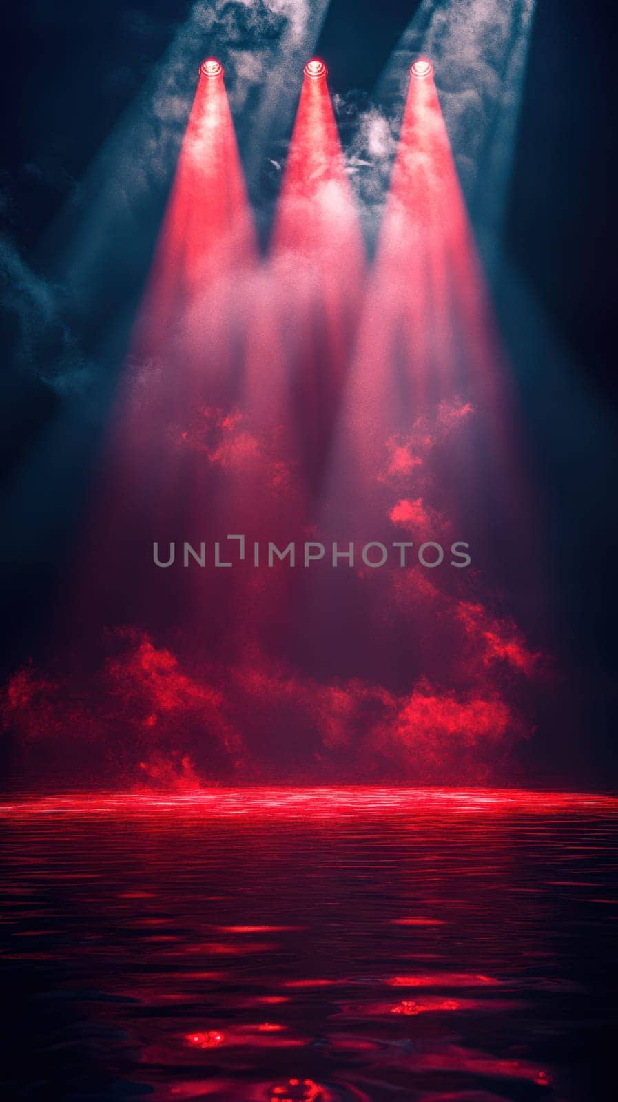 Bright red lights illuminate a darkened space, casting dramatic shadows on a tranquil water surface. The clouds add depth to the striking scene, enhancing the mood.