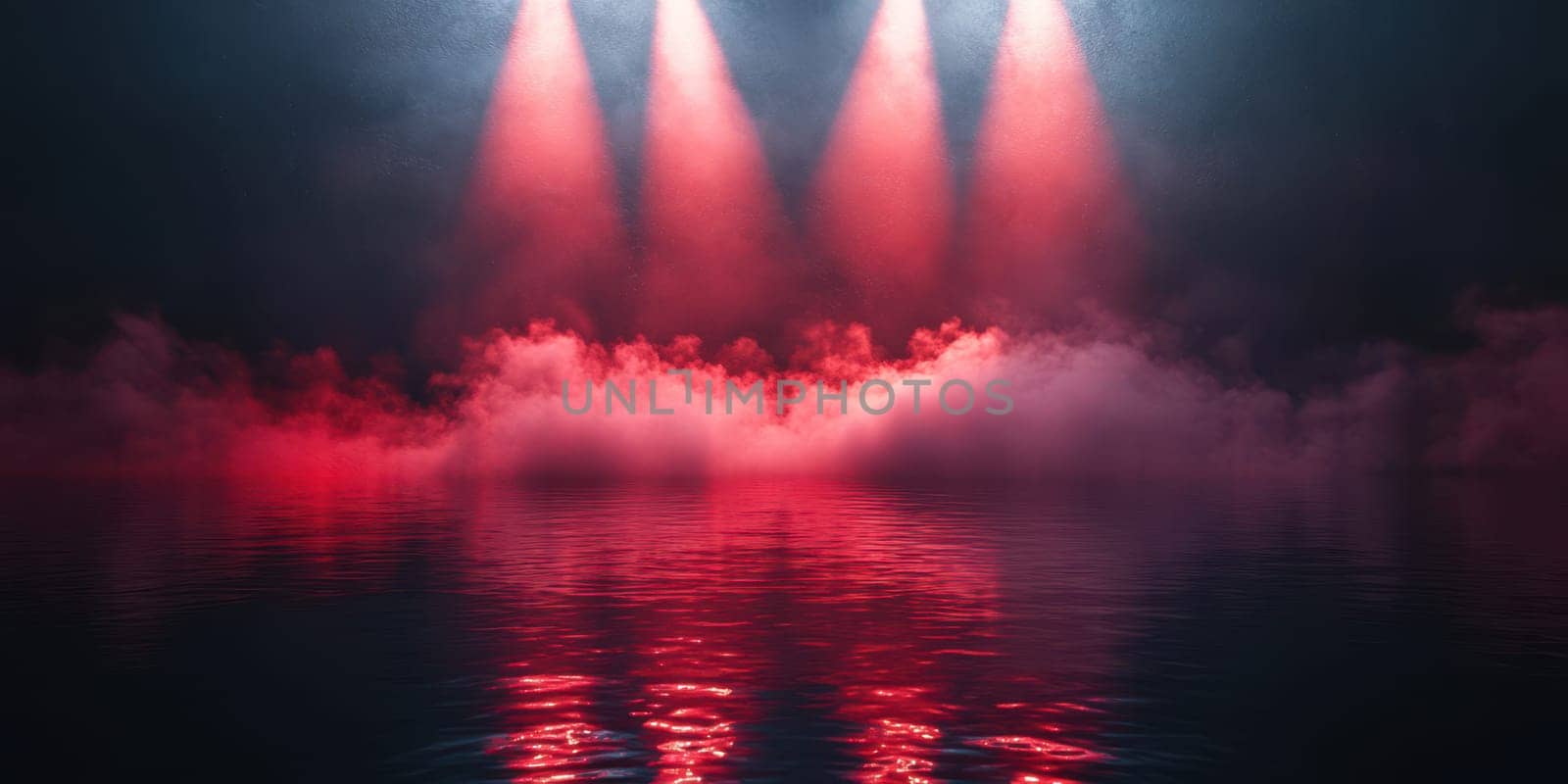 Bright red lights shine down through thick mist above a tranquil water surface, creating an atmospheric setting in a performance space at night.