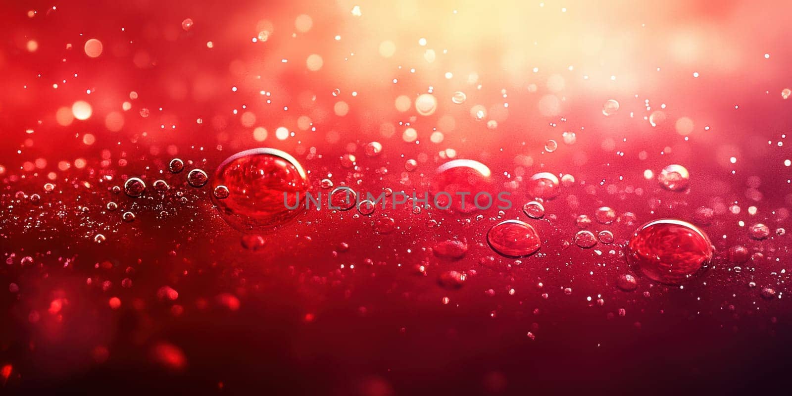Bubbles and droplets float on a deep red surface, illuminated by soft light that enhances the vibrant colors, creating an abstract aesthetic.
