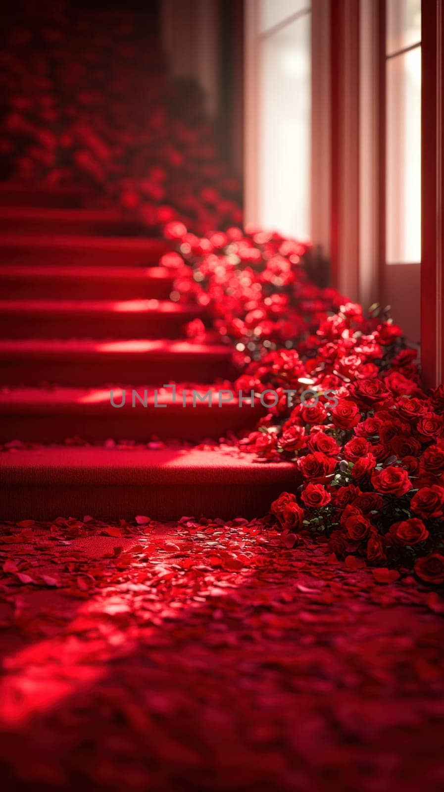 Red roses and petals cover a staircase, illustrating a romantic and elegant arrangement. The soft light enhances the rich color, perfect for a special occasion.