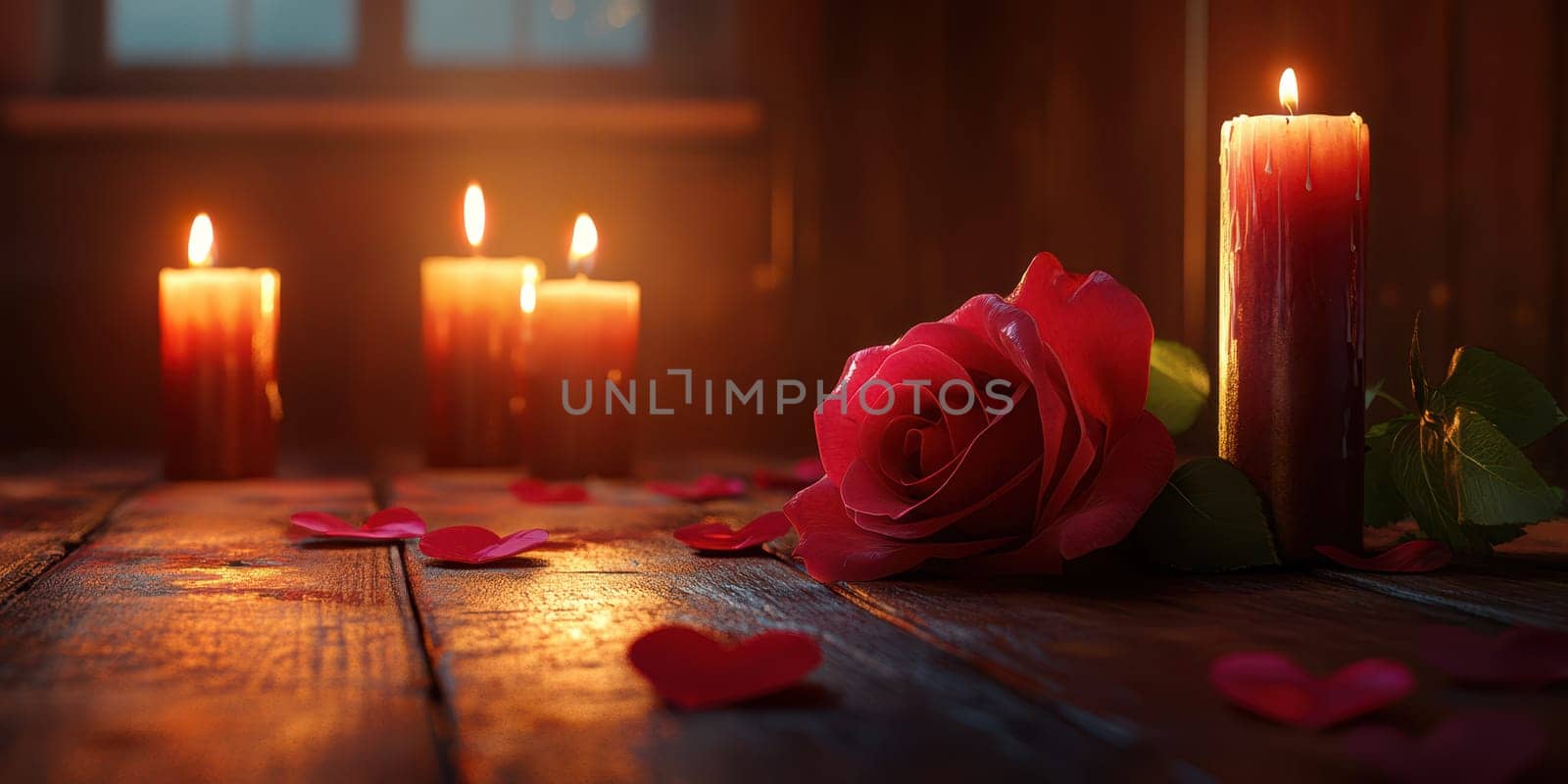 A cozy space features glowing candles in warm tones, scattered rose petals, and a single red rose, creating a romantic ambiance perfect for special moments.