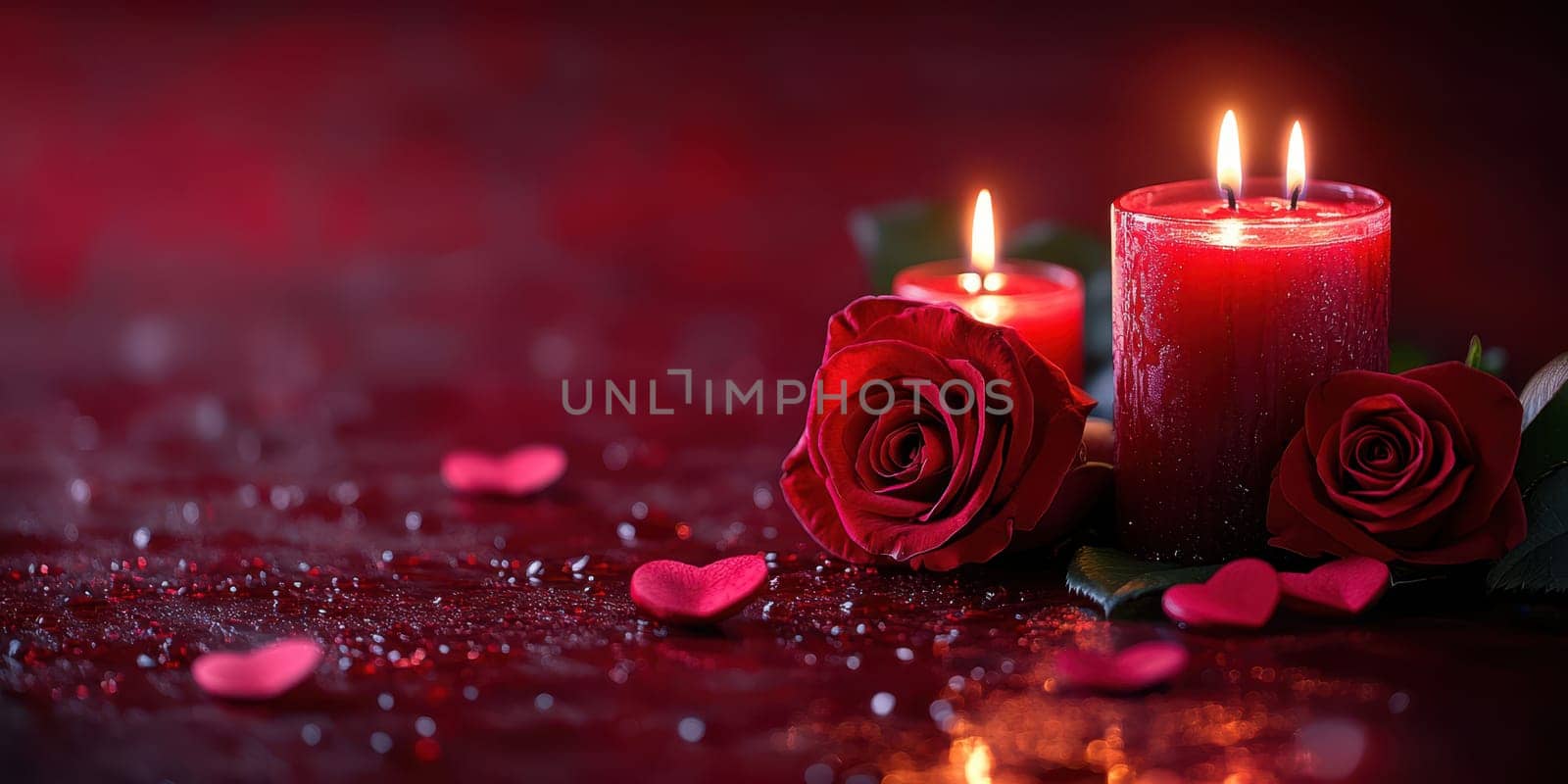A cozy arrangement features deep red roses and flickering candles, creating a warm, romantic atmosphere perfect for a special evening or celebration with loved ones.