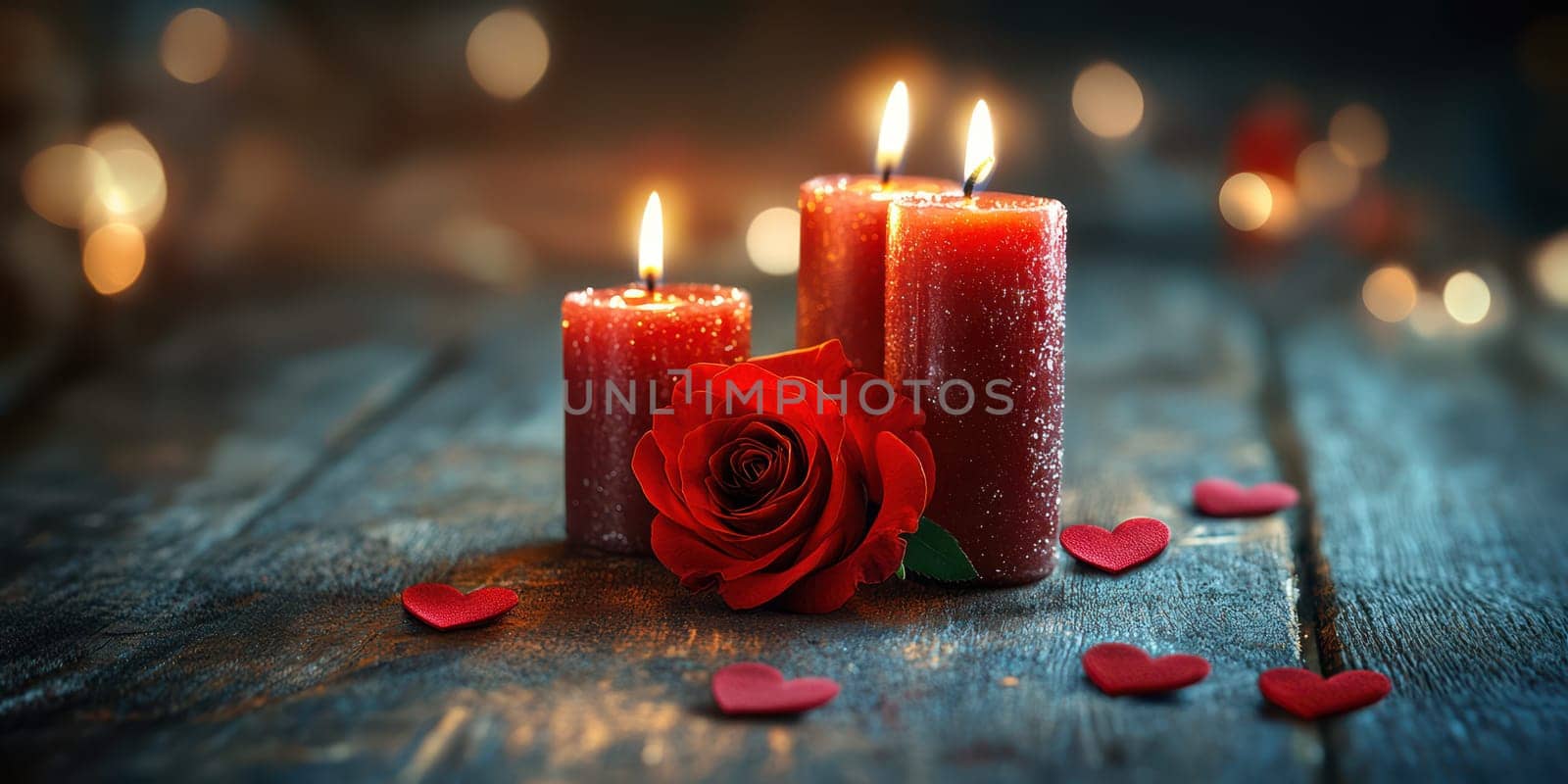 Three lit red candles surround a vibrant red rose on a rustic wooden table. Heart-shaped decorations spread around create a warm and romantic atmosphere ideal for special moments.