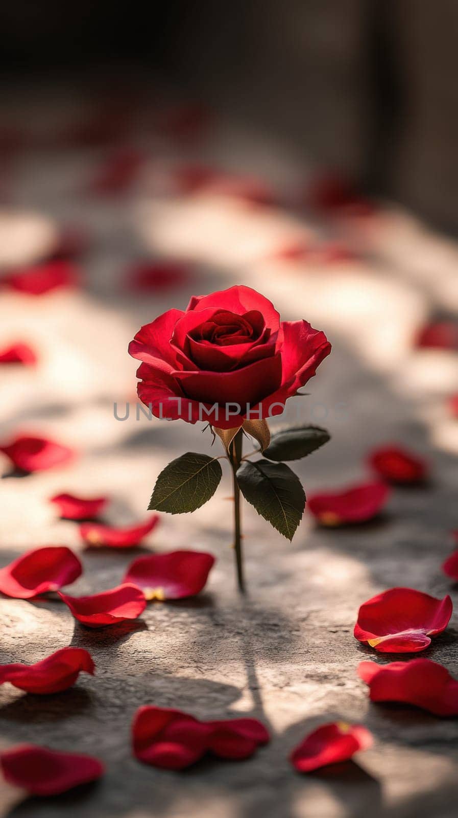 A vibrant red rose is upright on a textured surface, surrounded by delicate petals in shades of red. The soft afternoon light enhances the peaceful atmosphere, creating a romantic scene.
