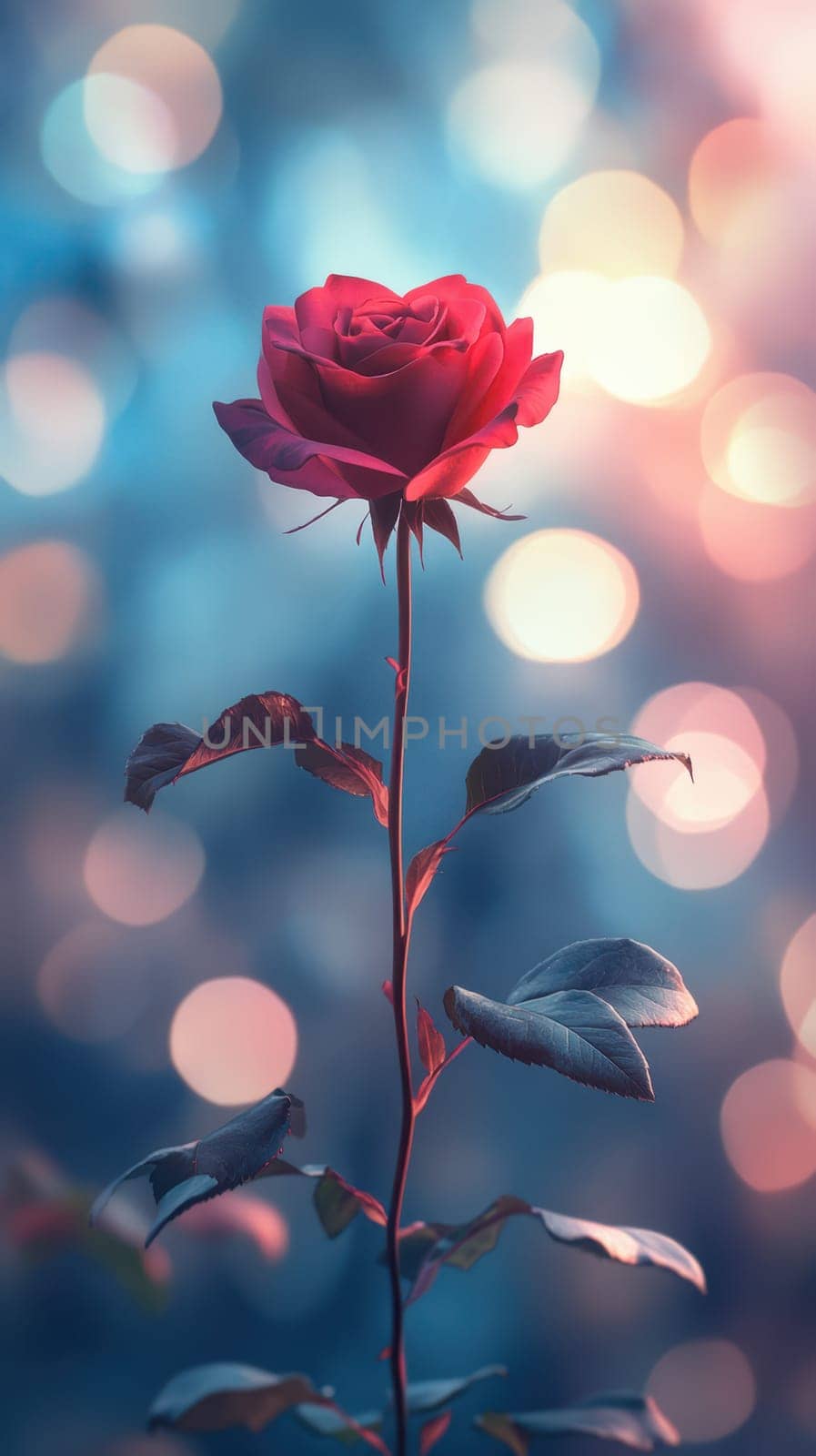In a tranquil outdoor setting, a vibrant red rose blooms prominently, surrounded by a soft bokeh of colorful light, evoking a serene evening atmosphere.