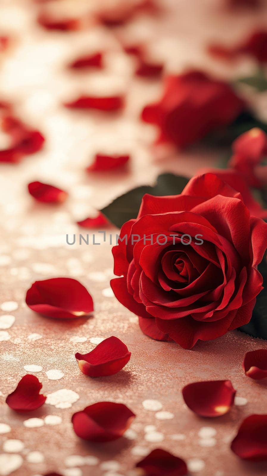 A vibrant red rose lies gracefully on a soft surface, surrounded by scattered rose petals. The shimmering background creates a romantic ambiance perfect for special occasions.