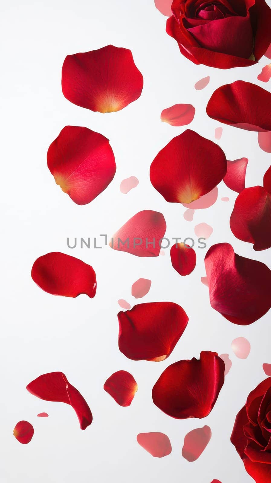 Vibrant red rose petals cascade downward, contrasting beautifully against a light backdrop. This arrangement evokes feelings of romance and tranquility, perfect for special occasions.