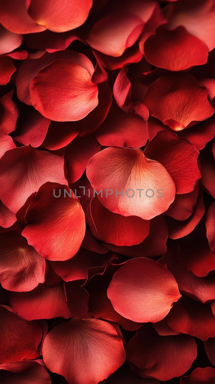 Soft red rose petals are scattered closely together, forming a lush and vibrant display. The petals reveal intricate textures under warm lighting, enhancing a romantic atmosphere for any occasion.