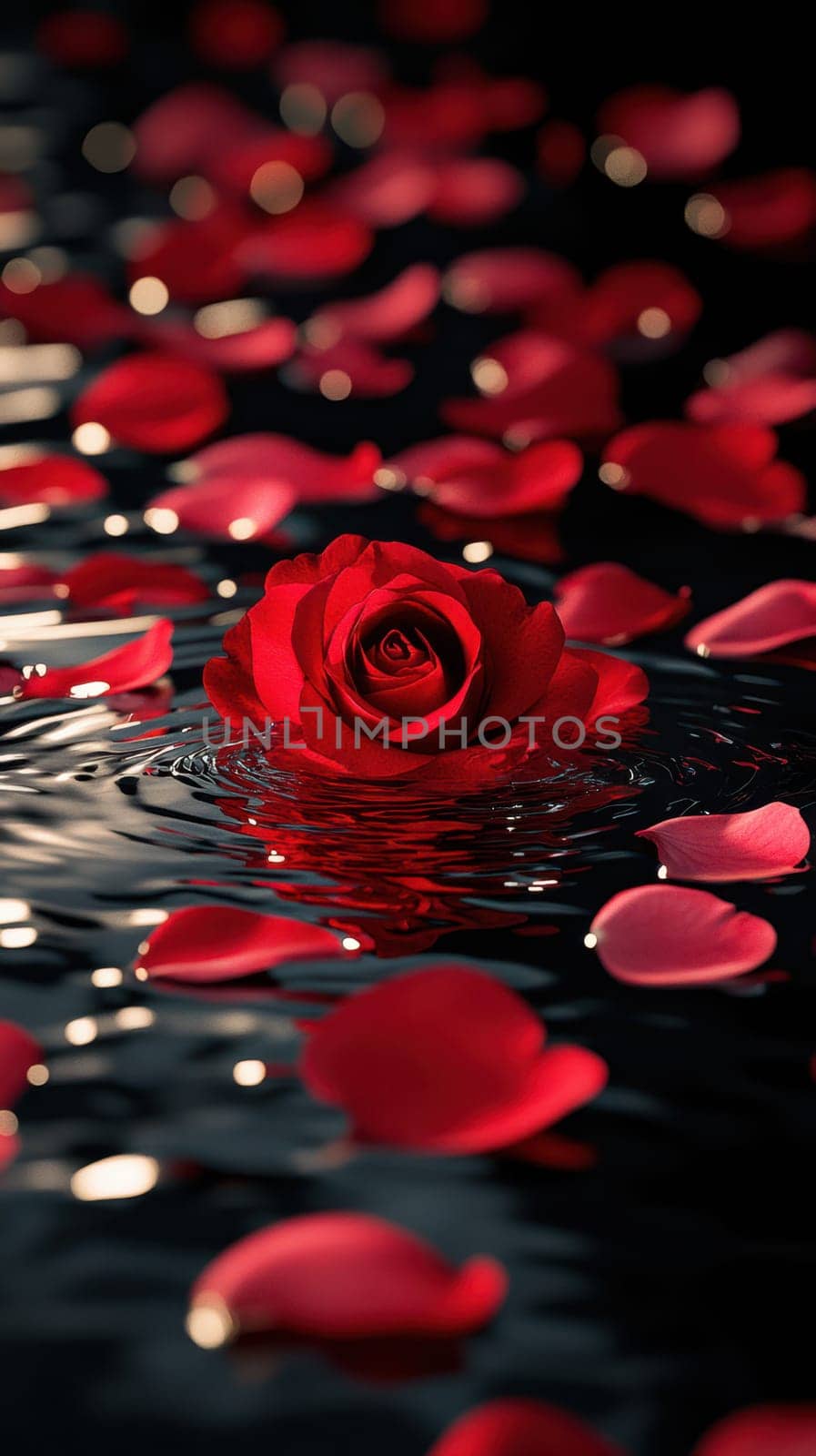 A vibrant red rose is centered in still water, surrounded by scattered red petals. The serene setting captures the beauty of nature and reflects soft light.