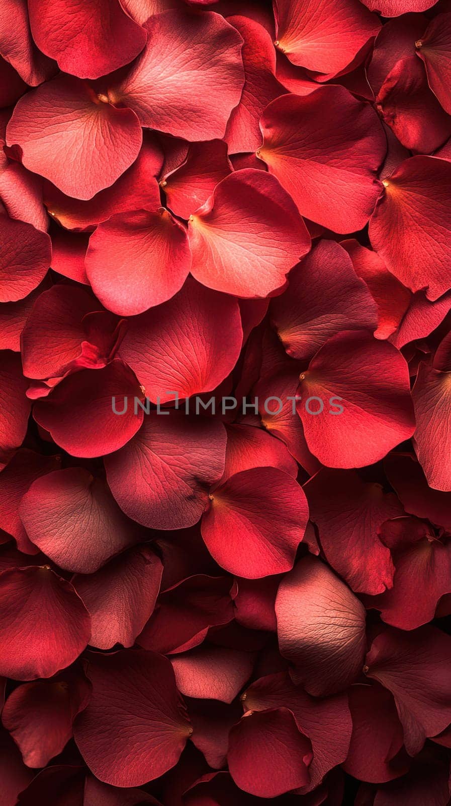 An abundant collection of deep red rose petals fills the frame, showcasing their delicate textures and rich colors, perfect for creating a striking visual effect.