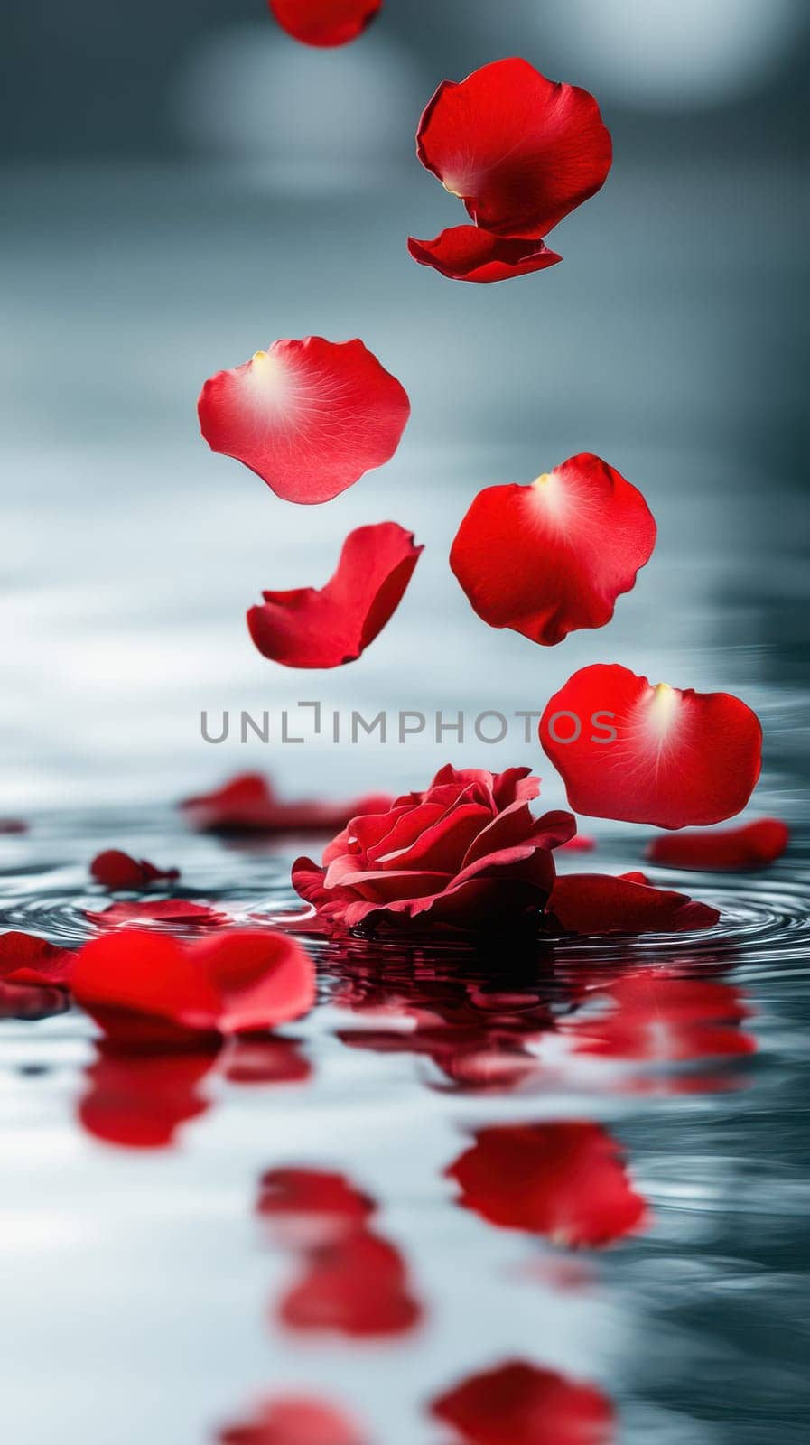 A vivid red rose floats gracefully on the surface of serene water, with delicate petals gently falling and creating ripples, capturing a peaceful moment in nature.