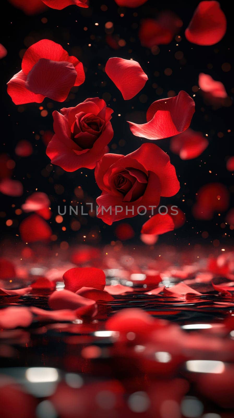 Red roses and scattered petals float serenely atop still water, creating a romantic and enchanting ambiance, perfect for celebrations or intimate moments.