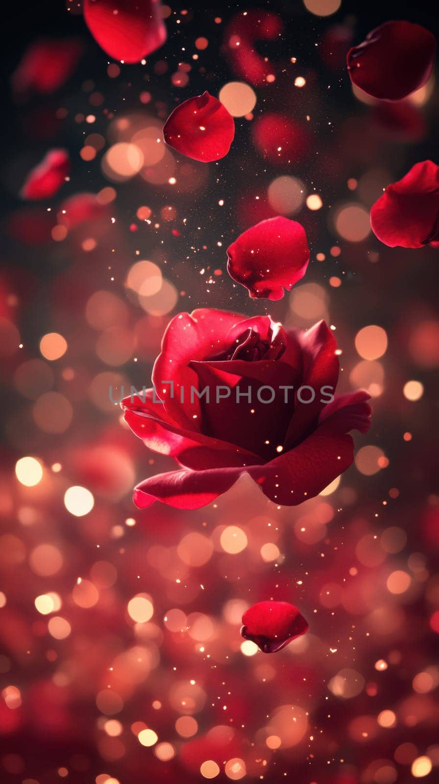 A single red rose surrounded by falling petals and shimmering lights evokes a sense of romance and celebration. Perfect for anniversaries or Valentine's Day.