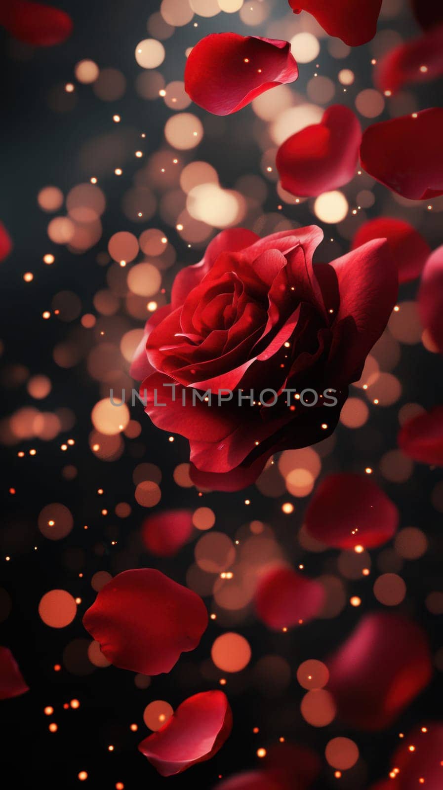 A vibrant red rose stands out as petals gently fall around it, illuminated by soft glowing lights in a dark, dreamy atmosphere, creating a romantic feel.