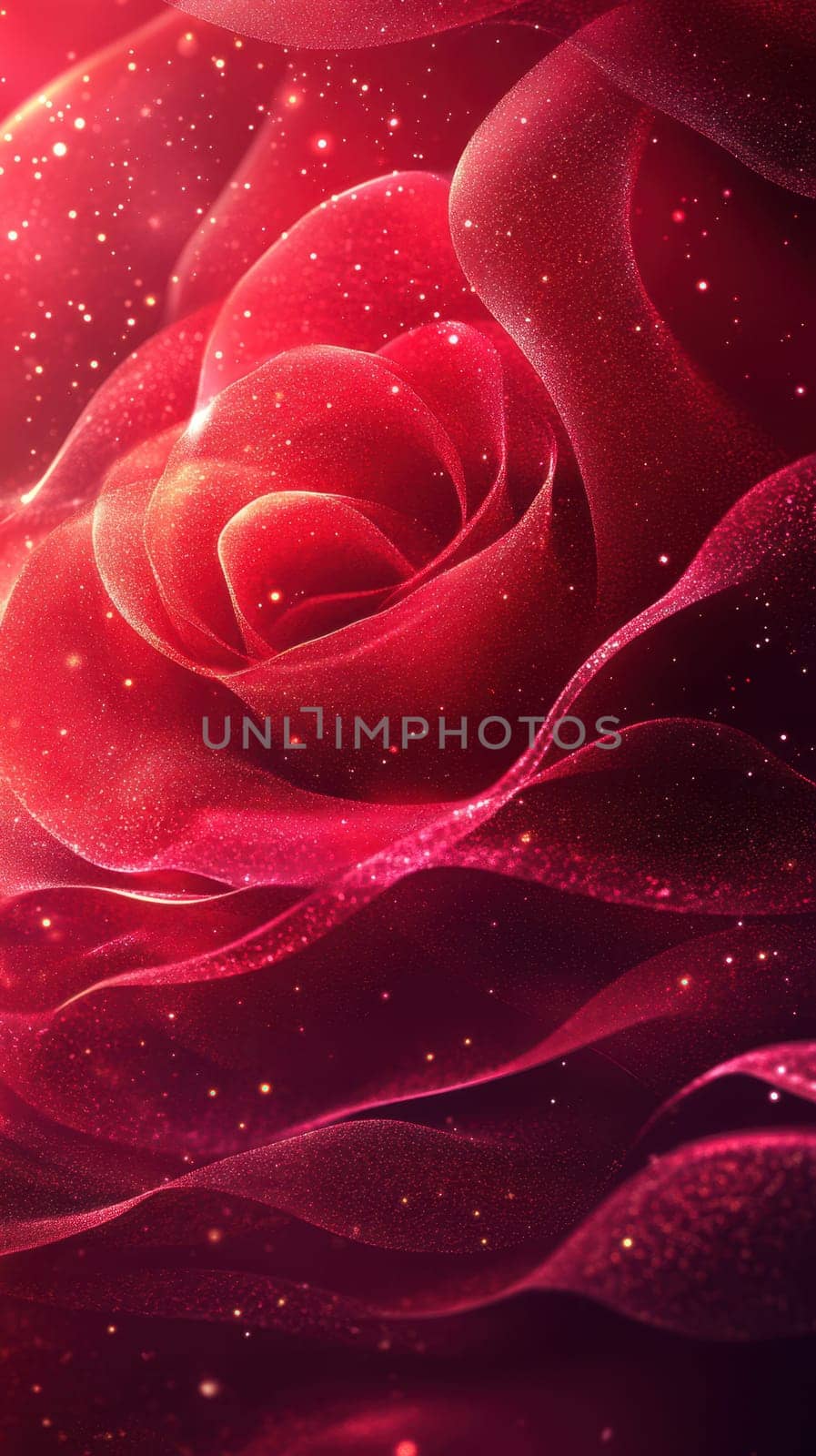 A mesmerizing close-up of a red rose, with delicate petals shimmering against a softly blurred background, creating a romantic and enchanting atmosphere.