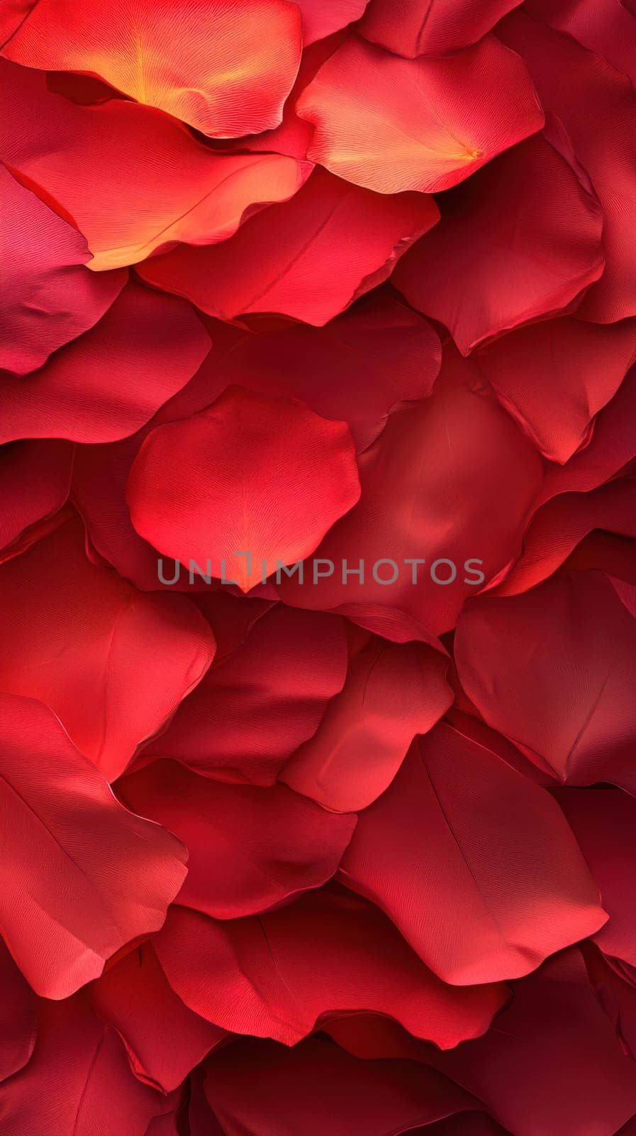 A dense arrangement of deep red rose petals covers the surface, showcasing their velvety texture and rich color. Ideal for celebrations or intimate settings.