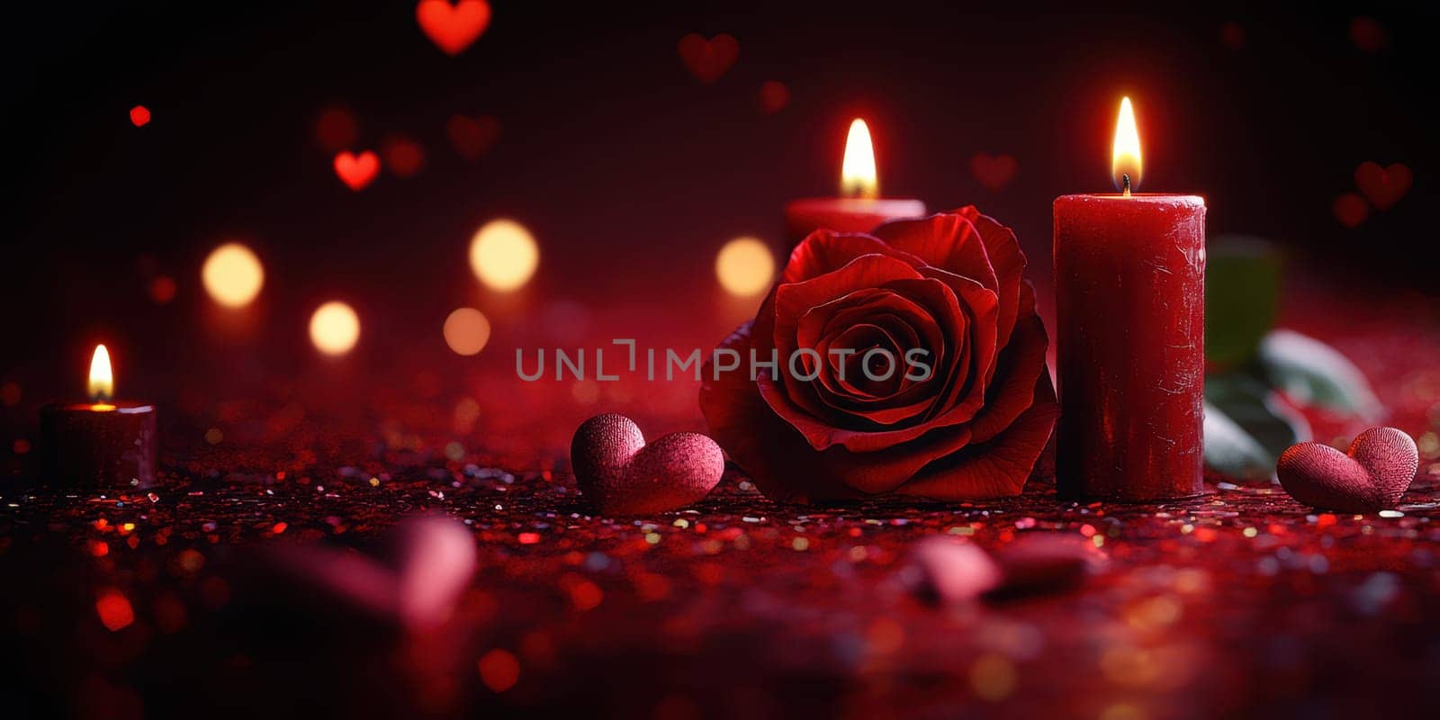 A beautiful arrangement features red candles, a blooming rose, and heart-shaped decorations on a glittery surface, creating a cozy atmosphere, ideal for romantic celebrations.