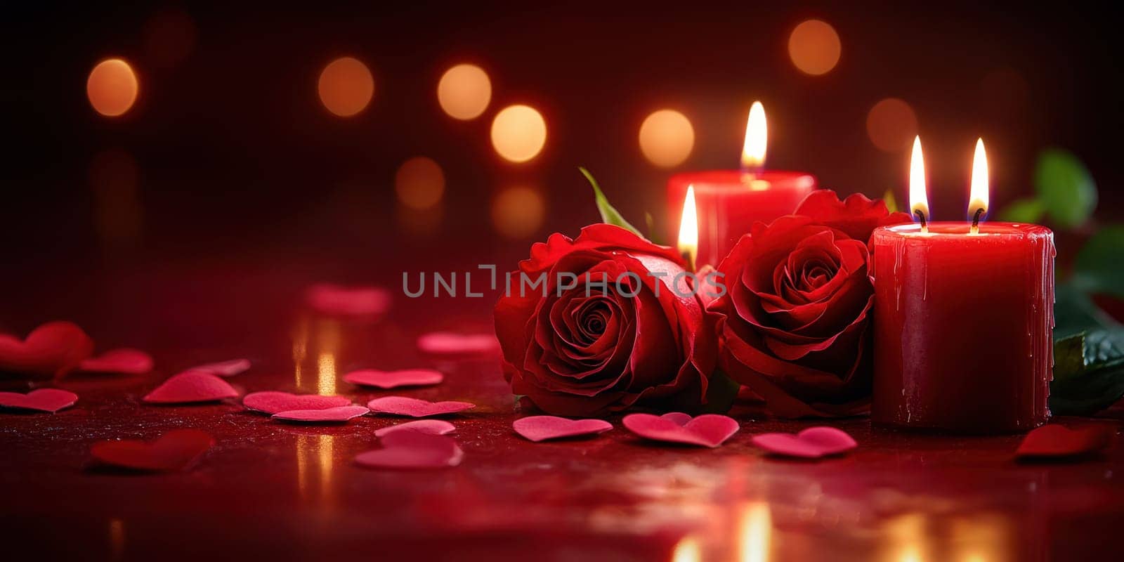 Arrangement features three vibrant red roses, flickering candles, and heart-shaped confetti, creating a romantic atmosphere perfect for a cozy evening.