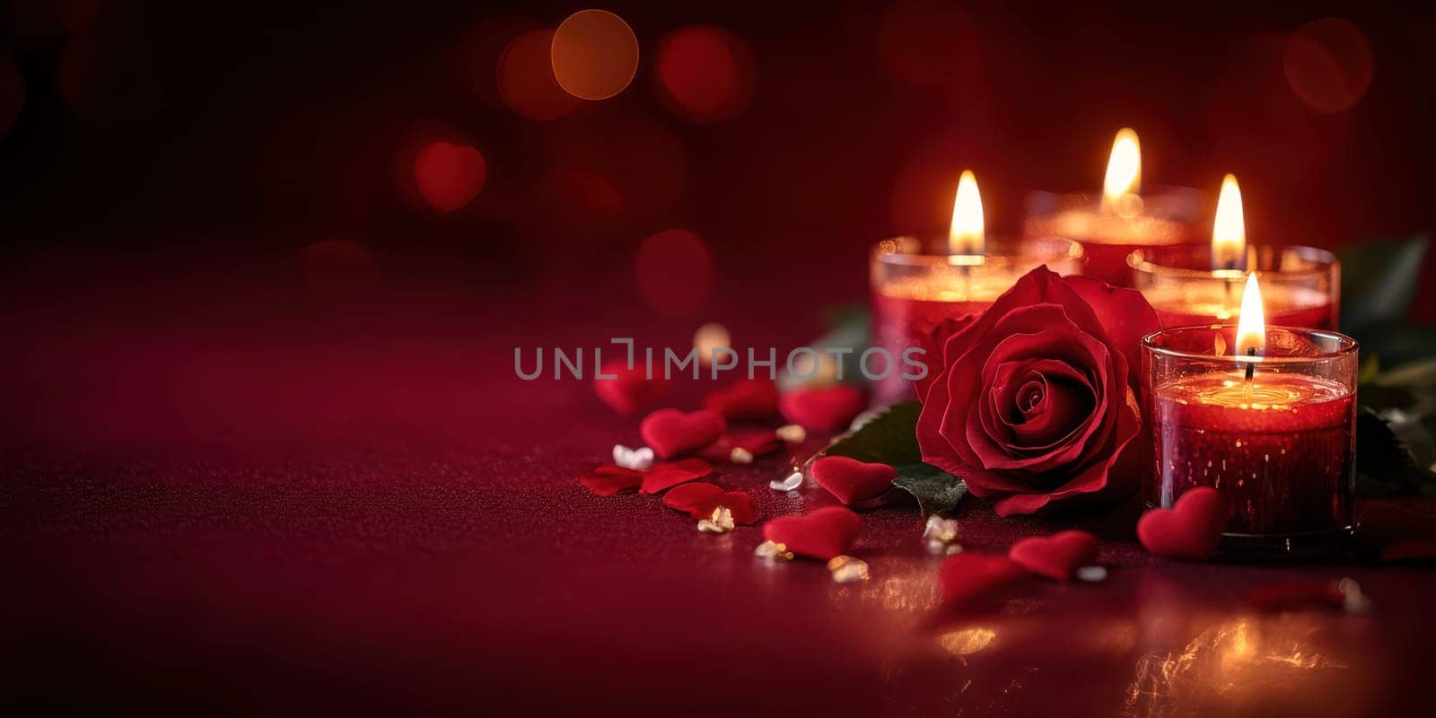 A romantic arrangement features red candles, scattered heart decorations, and a vibrant red rose. The soft glow creates a serene and intimate atmosphere, perfect for special occasions.