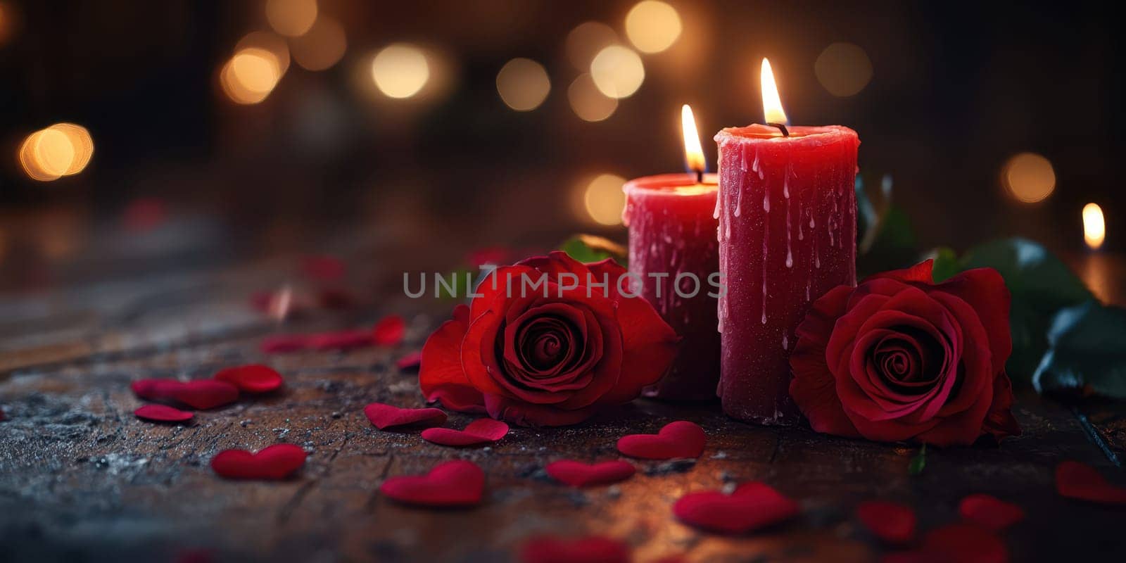 A warm ambiance is created with three red candles glowing softly, surrounded by fresh red roses and scattered heart-shaped petals, perfect for romance.
